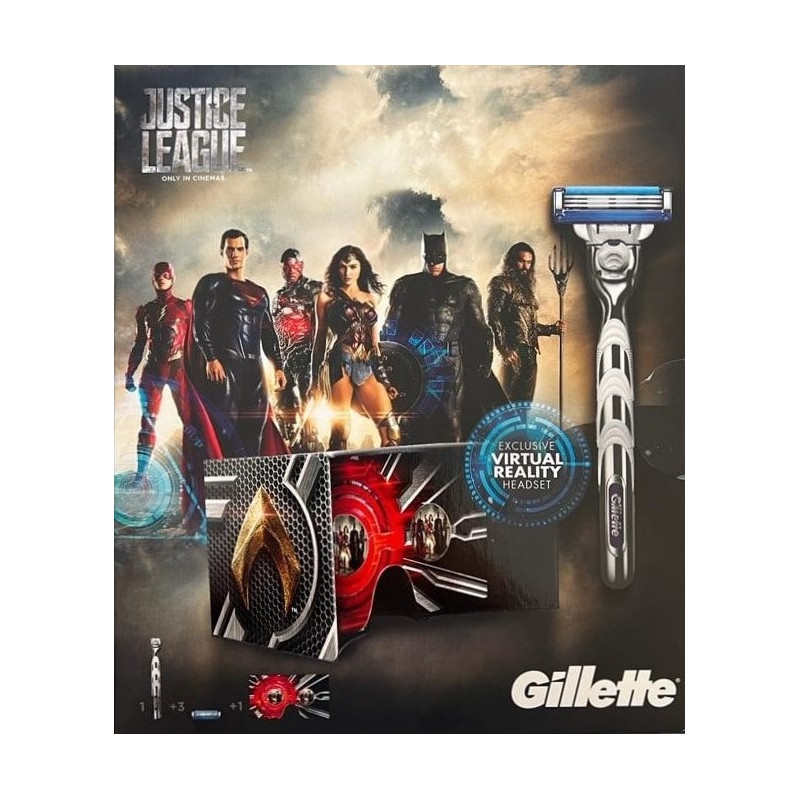 (EDIZIONE LIMITATA) SET GILLETTE MACH 3 TURBO JUSTICE LEAGUE - RASOIO MACH 3 + 3 TESTINE DI RICAMBIO + VISORE DI REALTÀ VIRTUALE