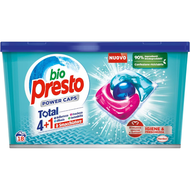 BIO PRESTO POWER CAPS IGIENE E FRESCHEZZA TOTAL 4+1 CAPSULE PER IL BUCATO 18 LAVAGGI
