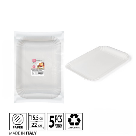 VASSOIO RETTANGOLARE COMPOSTABILE BIANCO IN CARTA 15.5x22 CM. - 5 PEZZI