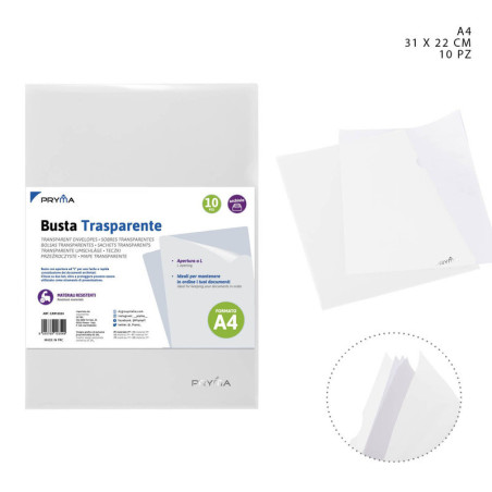 BUSTE TRASPARENTI FORMATO A4 CON APERTURA A L - 10 PEZZI