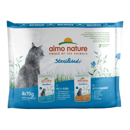 ALMO NATURE STERILISED MULTIPACK: MERLUZZO E POLLO 6x70 GR.