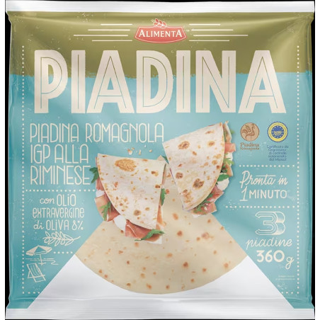 ALIMENTA PIADINA ROMAGNOLA IGP ALLA RIMINESE CON OLIO EXTRAVERGINE DI OLIVA PRONTA IN 1 MINUTO 3 PEZZI 360 GR.