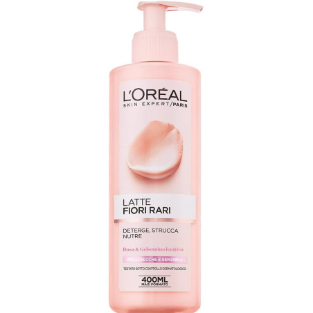 L'OREAL PARIS LATTE  DETERGENTE FIORI RARI ROSA E GELSOMINO LENITIVO PER PELLI SECCHE E SENSIBILI, 400 ML.