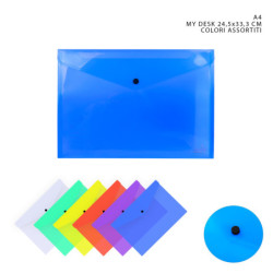 BUSTA IN PLASTICA CON CHIUSURA A BOTTONE FORMATO A4 24.5x33.3 CM. - COLORI ASSORTITI