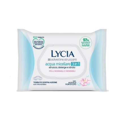 LYCIA SALVIETTINE STRUCCANTI ACQUA MICELLARE 3 IN 1 PELLI NORMALI E SENSIBILI 20 PEZZI
