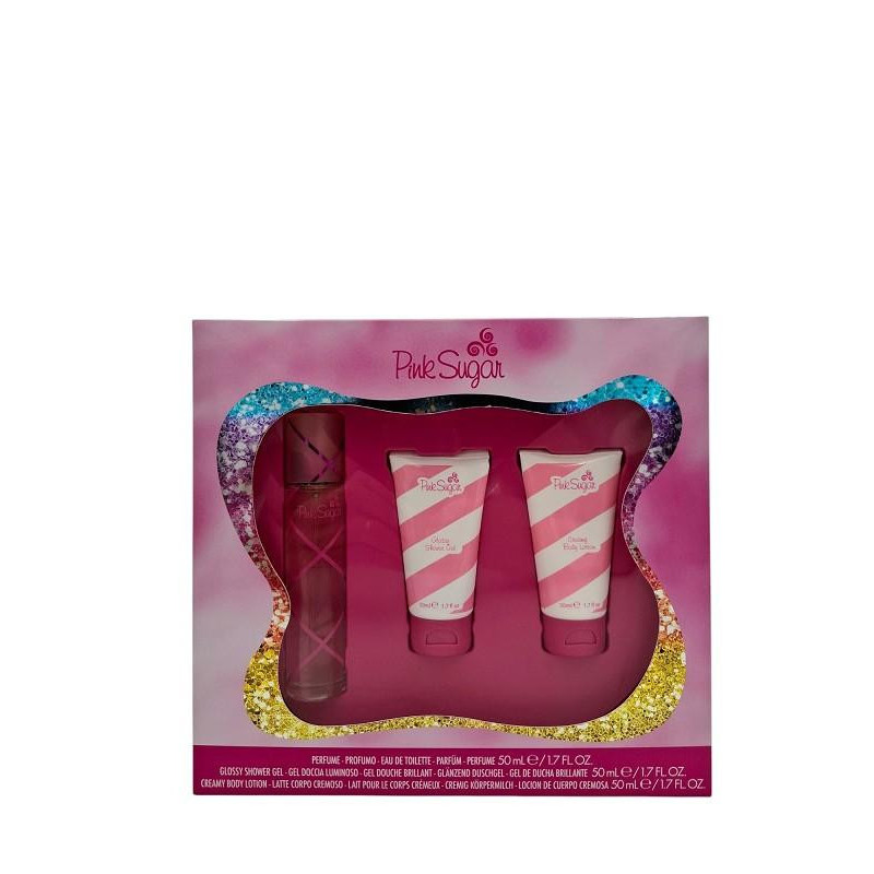 AQUOLINA COFANETTO PINK SUGAR CON PROFUMO, GEL DOCCIA LUMINOSO E LATTE CORPO CREMOSO 50 ML.
